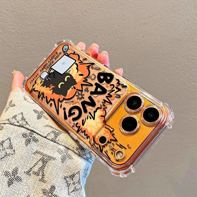 Cartoon Bang Explosion Cat Phone Case with Lens Film, Shockproof, Compatible with iPhone 17/17 Pro Max, Student Girls' Heart Style