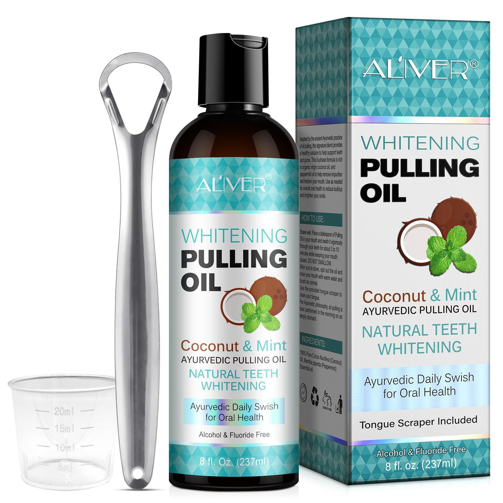ALIVER 3-Piece Coconut Oil & Mint Mouthwash Set, including 237ml of Coconut Oil & Mint Mouthwash + 1 tongue scraper + 1 measuring cup. With a refreshing coconut oil and mint scent, it freshens breath, eliminates bad breath, and cleans teeth.