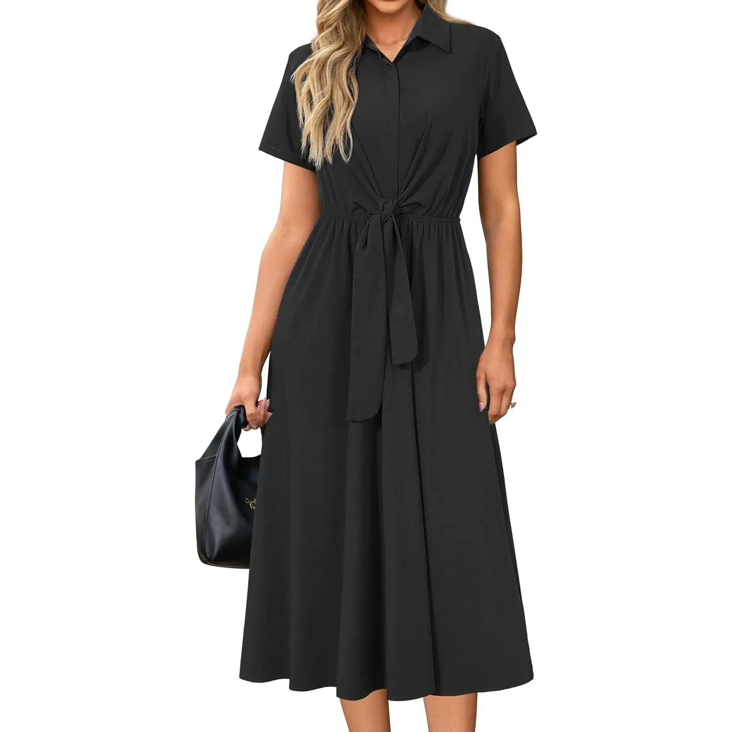 Women's Work Business Casual Outfits Tie Waist Midi Shirt Dress | Lightweight & Breathable Easy-care Fabric, Side Pockets, Decent Professional Attire, Church Office Funeral Outfits