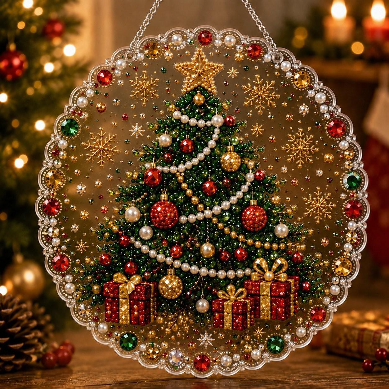 Christmas Pearl Diamond Painting Kit, Handmade, 10 Inch, Pre-Assembled Metal Chain, Acrylic Round Board with Lace Edge, 3D Pearls, Holiday Decor