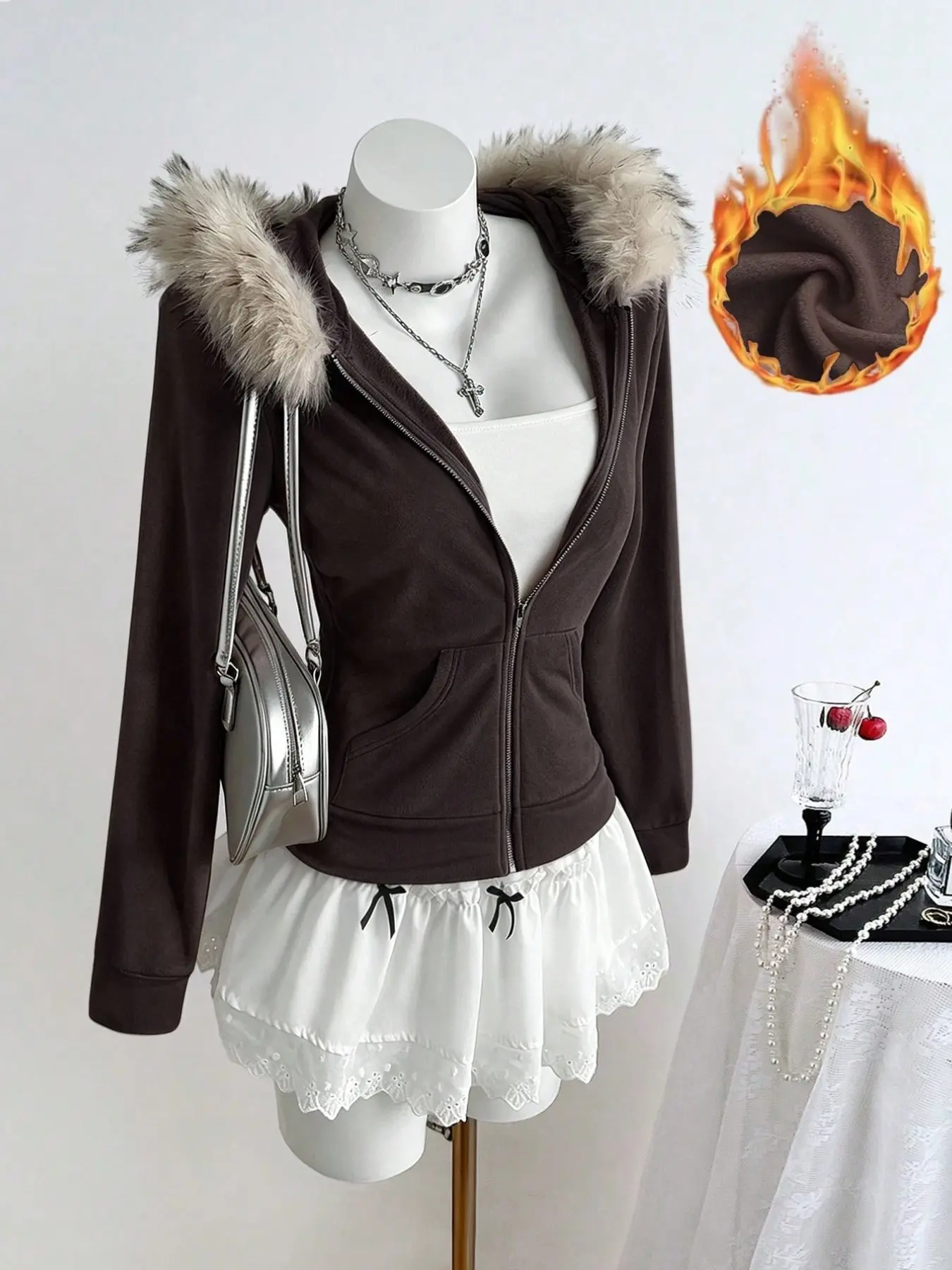 Women's Fall Winter New Arrival Faux Fur Hooded Jacket, Slim Fit Zipper Sweatshirt, Sweet Cool Style, Casual Daily Wear