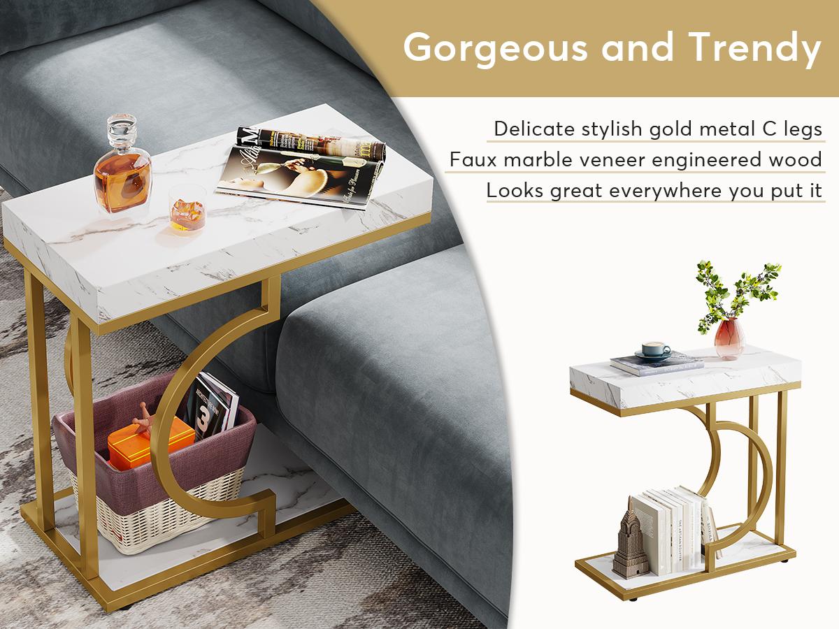 LITTLE TREE Narrow Side Table White Gold Side Table C Shaped End Table Modern Bedside Table Small Side Table for Couch, Sofa Table with Metal Frame for Living Room