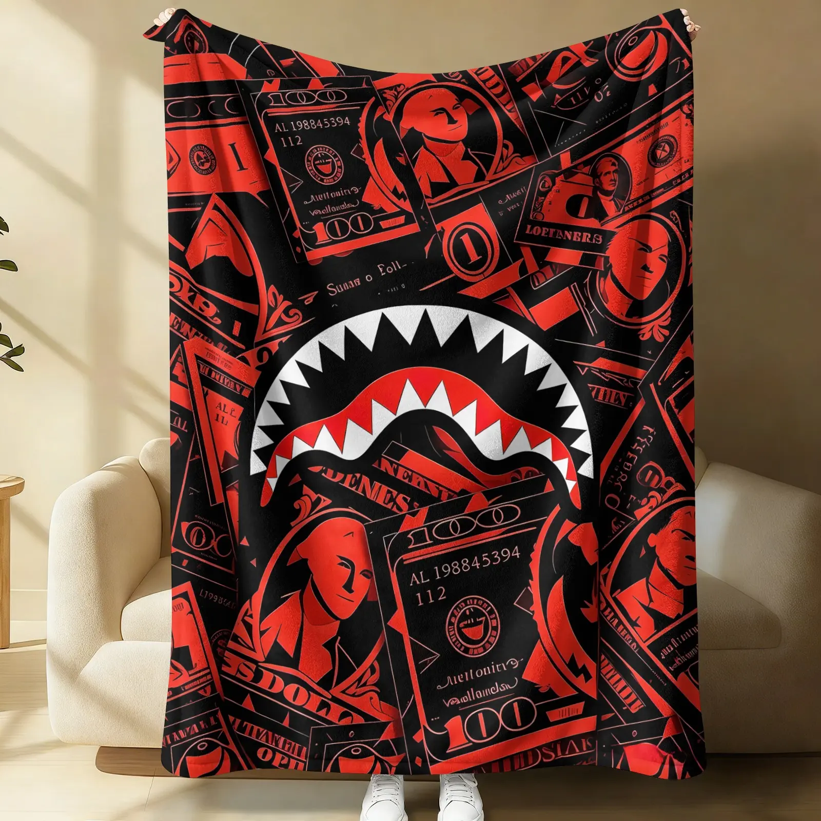 Black Base Red Dollar Shark Mouth Dark Hip Hop Street Print Flannel Blanket, Soft Plush All-Season, Streetwear Fan Home Decor Blanket, Sofa Cover Throw, Office Nap Mat, Car Travel Blanket, Ideal Gift
