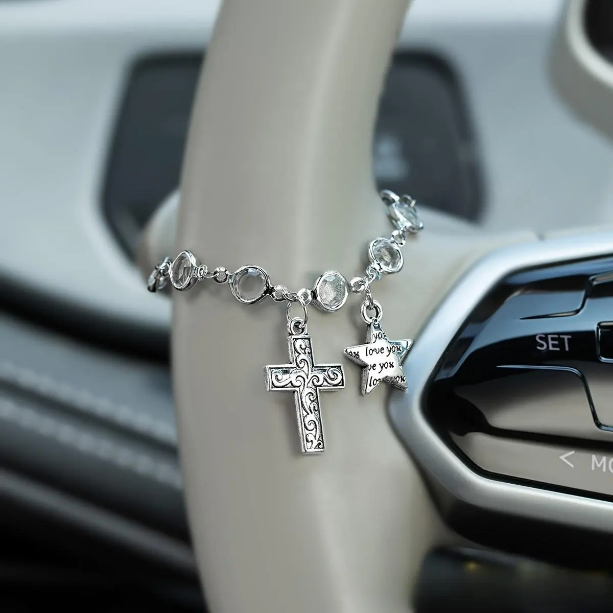 1 pc Star Cross Steering Wheel Pendant Chain - Hangable Car Hanging Decoration, Vehicle Accessories, Car Trinkets, Accessories For Car
