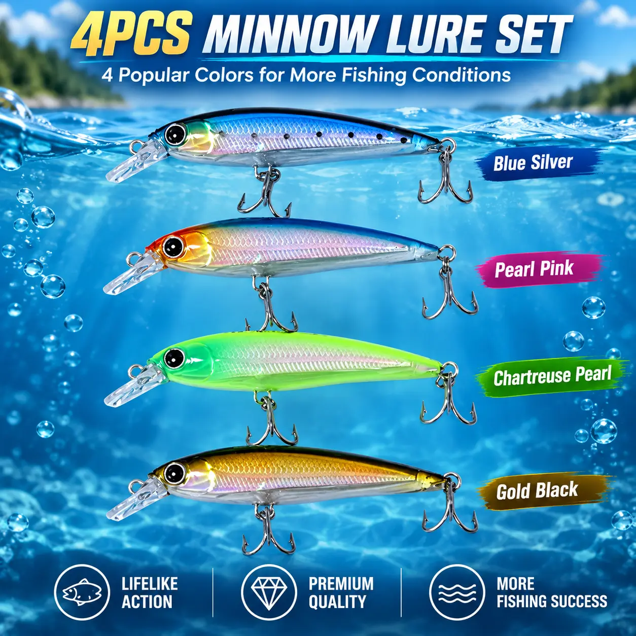 4PCS 7g Suspending Minnow Fishing Lure Set - 4-Color Hard Jerkbaits with Treble Hooks, Realistic Artificial Bait for Bass, Freshwater Fishing Tackle