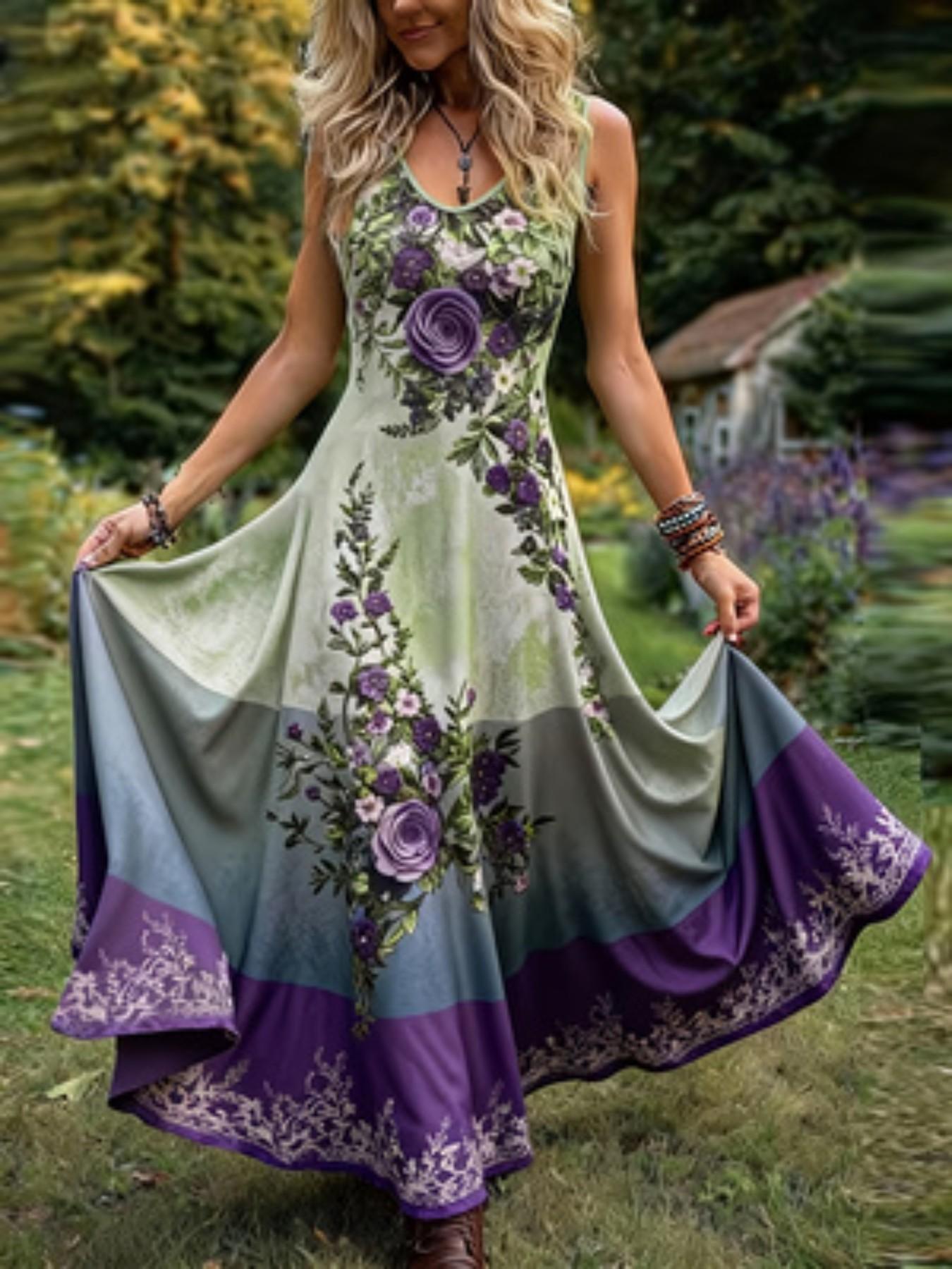 Elegant Vintage Floral Print Sleeveless Dress for Plus Size Women, Colorblock Design, Summer, Perfect for Casual & Special Occasions