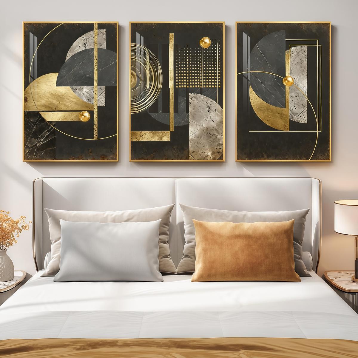 3 Counts Aluminum Alloy Framed Painting, Abstract Geometric Gold And Black Art Pictures, Home Decoration For Living Room, Bedroom, Office, Restaurant, Hallway Wall Decor, Odorless Print Artwork, Luxury Perfect Gift For Friends And Family
