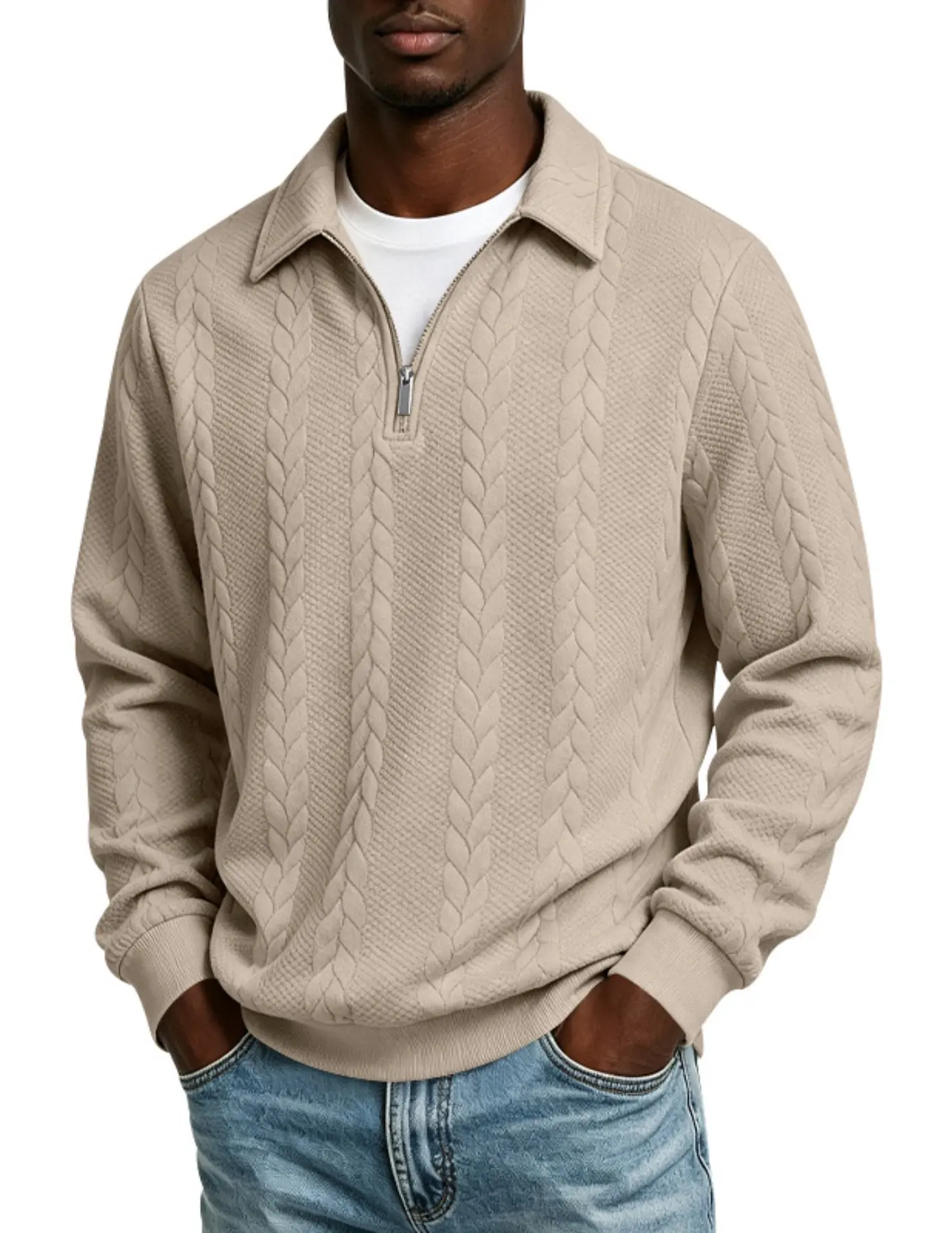 Men's Cable Textured Quarter Zip Collared Sweatshirt, Half Zip Classic Polo Style Pullover Sweater, Soft Relaxed Fit Long Sleeve Top For Autumn Winter Office Daily Walking Smart Casual Layering Outfits