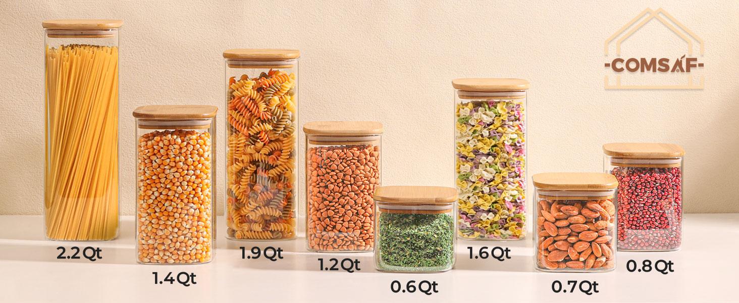 Airtight Glass Storage Canister with Lids (0.7Qt/1.2Qt/1.6Qt) Set of 6, Food Storage Container Kitchen Pantry Storage Jar, Glass Jars for Flour Cereal Sugar Tea Coffee Beans Snacks, Square