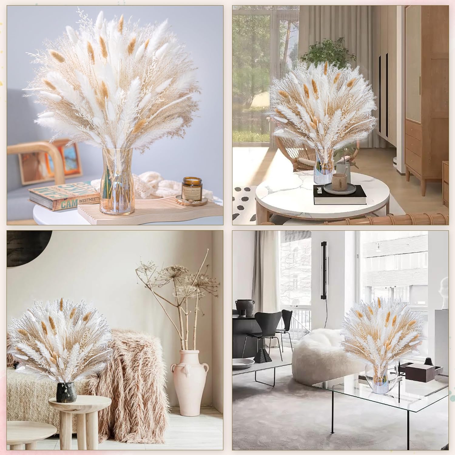 95 PCS Natural Dried Pampas Grass Bouquet - Neutral White & Beige Boho Floral Decor. Perfect for Wedding Centerpieces, Table Arrangements, Rustic Home & Vase Filler
