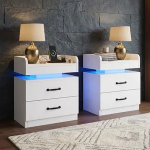 2 Pcs LED Nightstand with 2 Drawers, Modern Bedside End Side Table, Storage Night Stand for Bedroom Living Room,  Multi Color Available