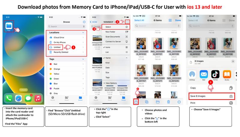 5-in-1 SD Card Reader for iPhone,iPad,Android – Dual USB-C & Lightning Adapter, Supports SD/MicroSD/USB 3.0, Fast Transfer, Plug & Play, No App Needed