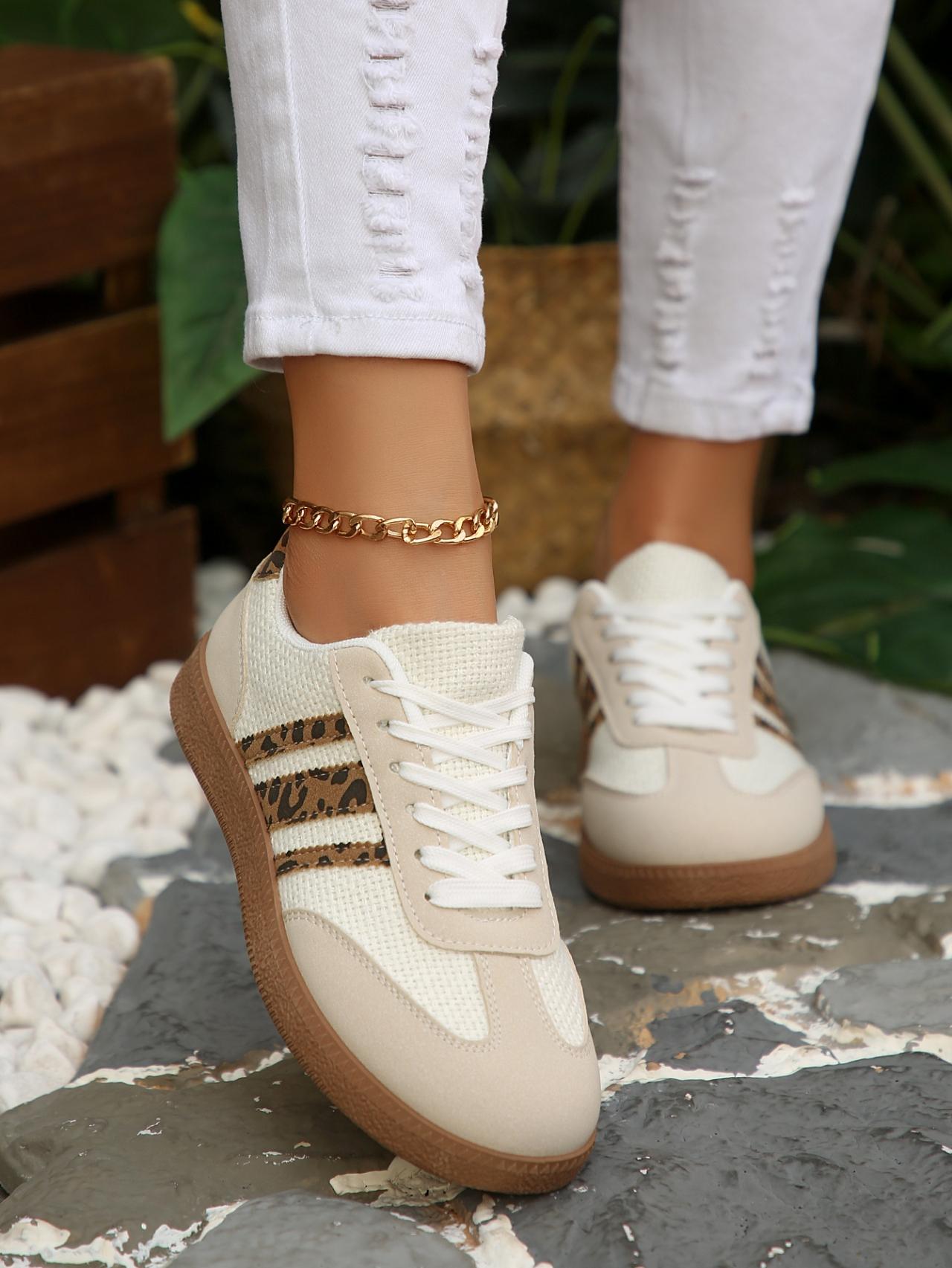 Women's 2.5cm Platform Leopard Print Sneakers, Black/Beige, Retro 3-Stripe Casual Shoes