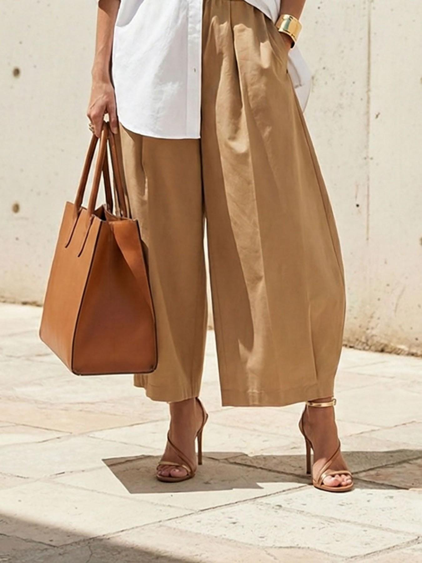 Women's Plus-Size Front‑Pleated Design Cropped Pants, Vertical Pleat Loose Fit Elastic Waist Culottes, Casual Daily Wear, Baggy