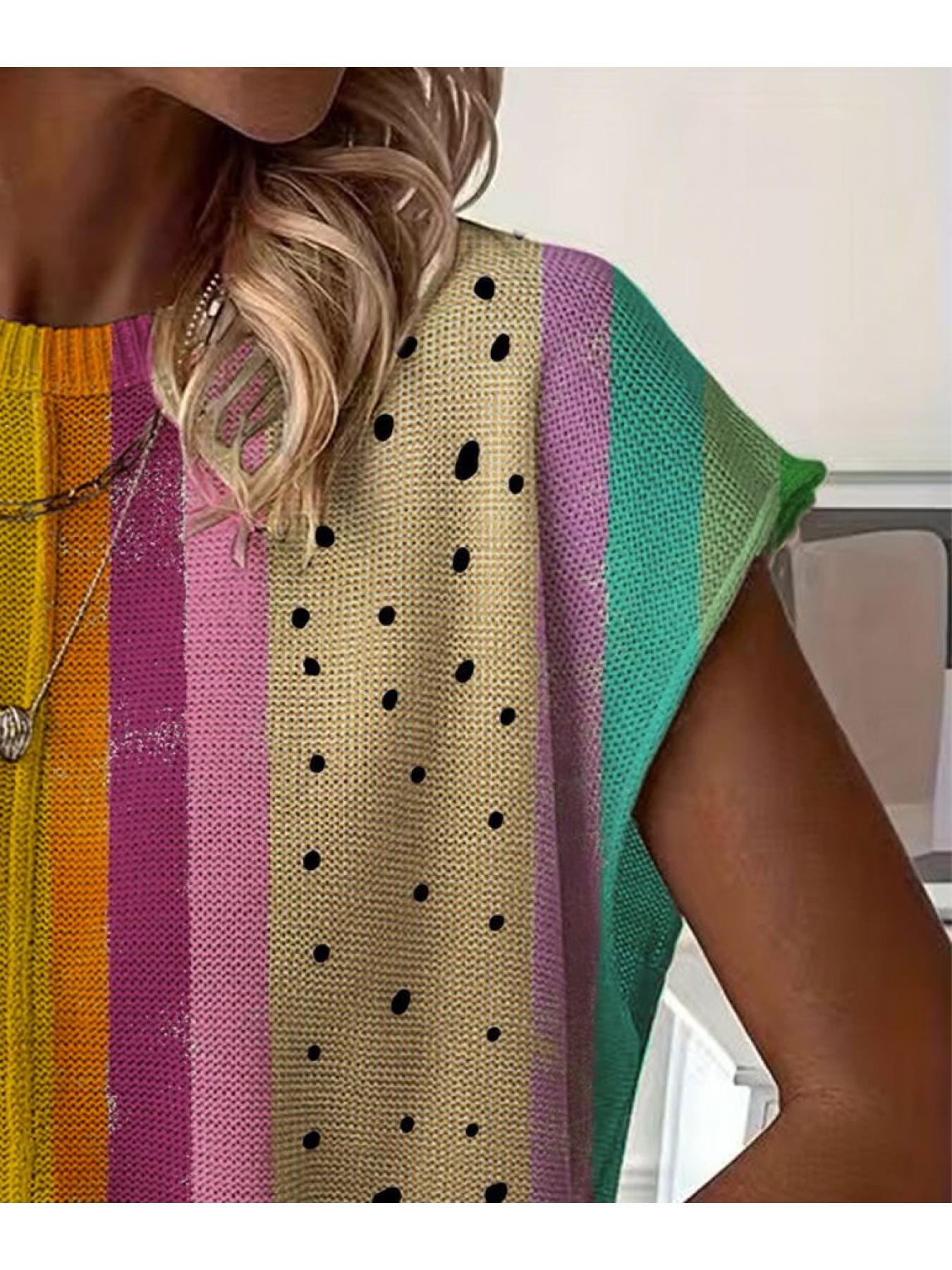 Spring/Summer crew neck drop-shoulder loose fit contrast stripe splicing print short-sleeve women's knit top, vacation style, casual elegant commute, ladies short-sleeve knit top, bikini cover-up.