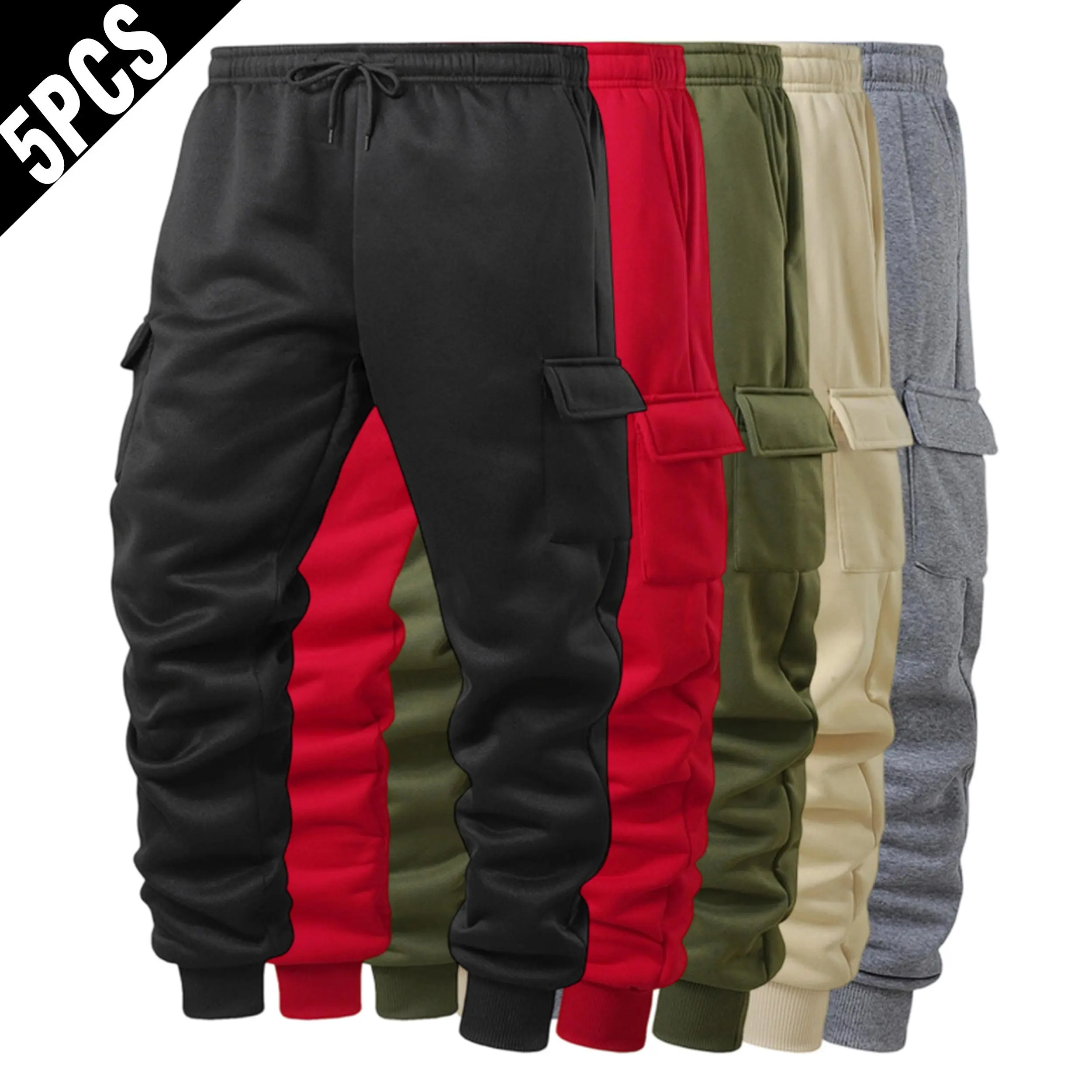 Men's 5-Pack Loose Fit Sweatpants, Elastic Waist Drawstring Multi-Pocket Cargo Jogging Pants with Cuffed Hems Below Ankles, All Season Utility Casual Athletic Bottoms, Multiple Pockets, Men's Sweatpants