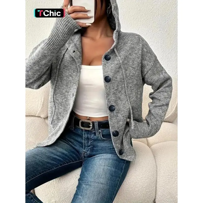 Women's Drawstring Hooded Cardigan with Button Front, Casual Drop Shoulder Long Sleeve Knitwear for Fall and Winter, Cozy Knit Clothing for Daily Wear, Versatile Autumn Outerwear and Winter Sweater