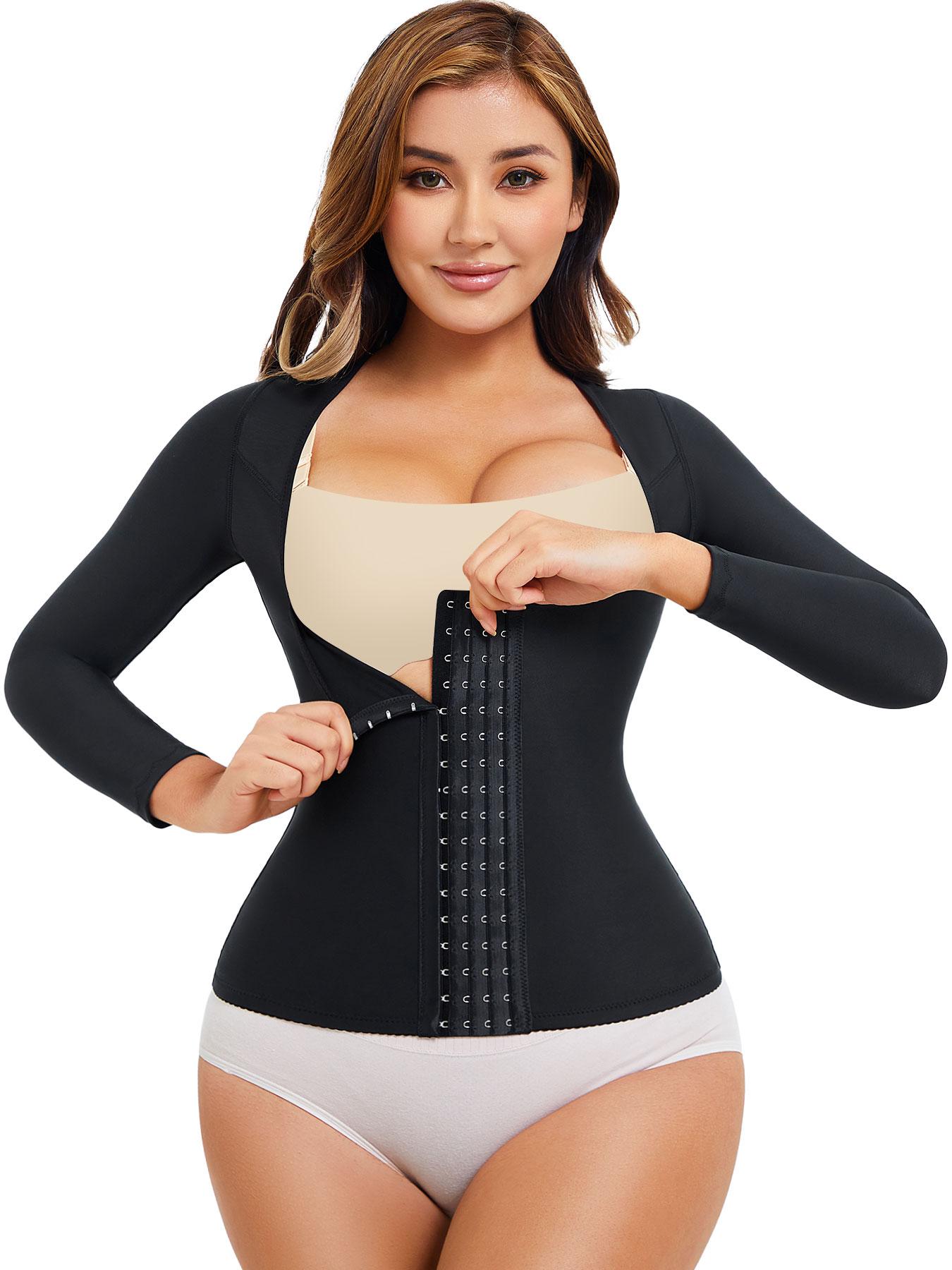 Women's Long Sleeve Post-Surgery Bra Top, Soft Breathable Back Crossed Dual Layer Support, Button Front Abdominal Shapewear