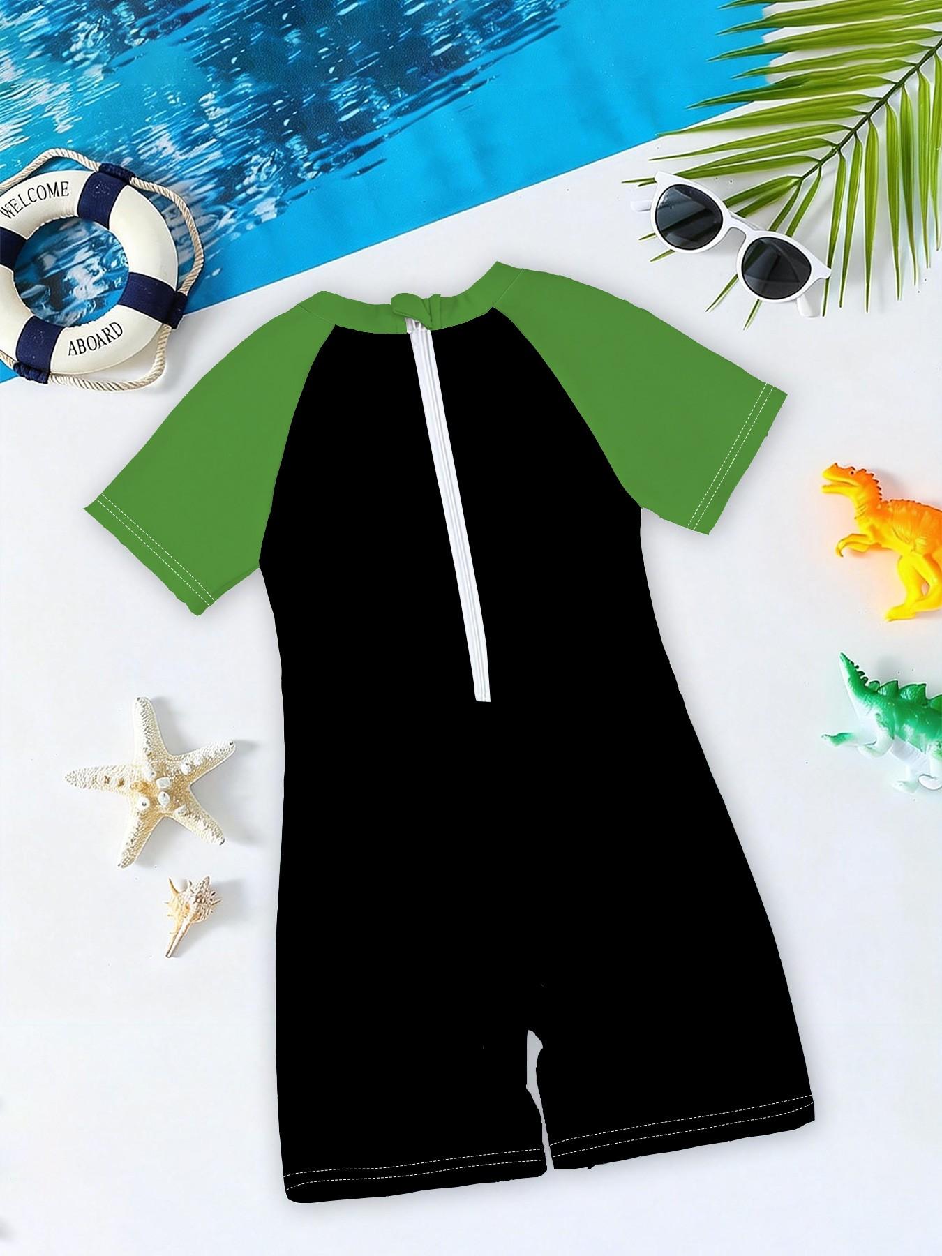 Boys'one-piece swimsuit "Teenage Mutant Ninja Turtles Hero Sun Protection Edition" with cartoon turtle prints + contrast-color raglan sleeves, highly elastic, skin-friendly, and sweat-free, suitable for playing in the pool, at the beach, or in water parks