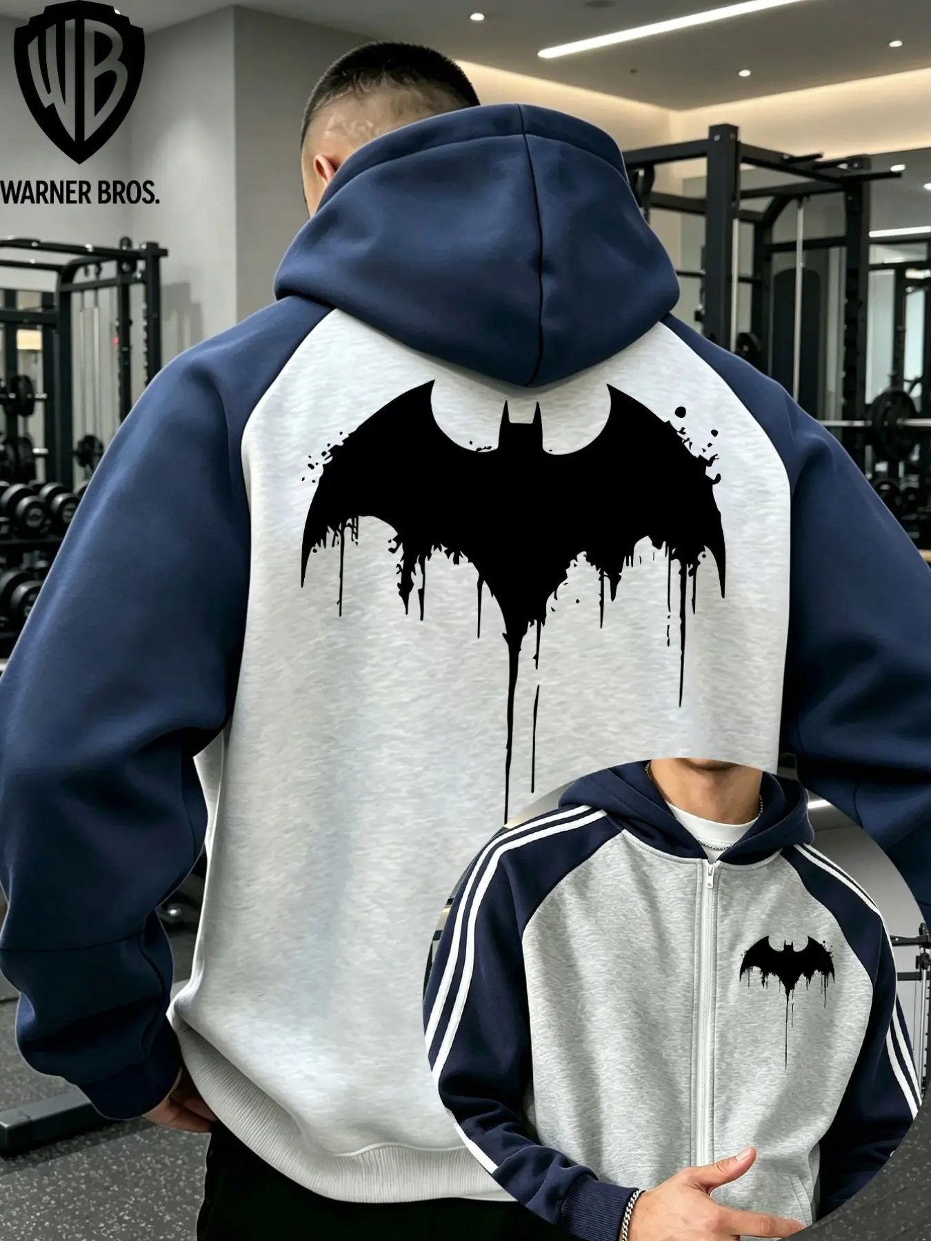 Wb Warner Bros. Batman Graphic Classic Zip Hooded Jacket, Navy and Raglan Sleeve, Men’s Oversized Street Fashion Sweatshirt, Casual All over Print