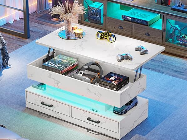 SEDETA 40-inch Faux Marble Rectangular Coffee Table with Drawers & LED Lights Living Room Furniture Foldable Height Adjustable Storage Compartment