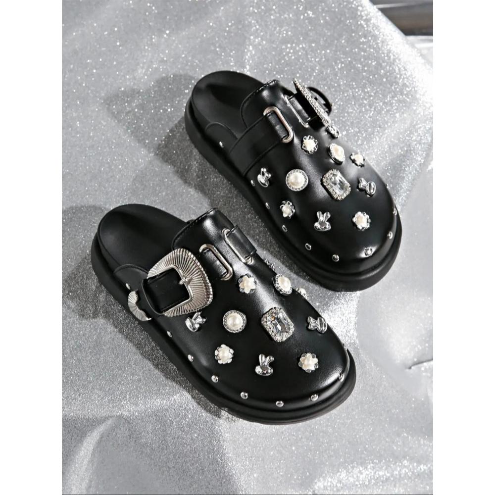 Women's Fashion Rhinestone & Faux Pearl Decorated Clogs, Casual Comfortable  Slippers for Beach, All-match Slide Slippers for Daily Wear