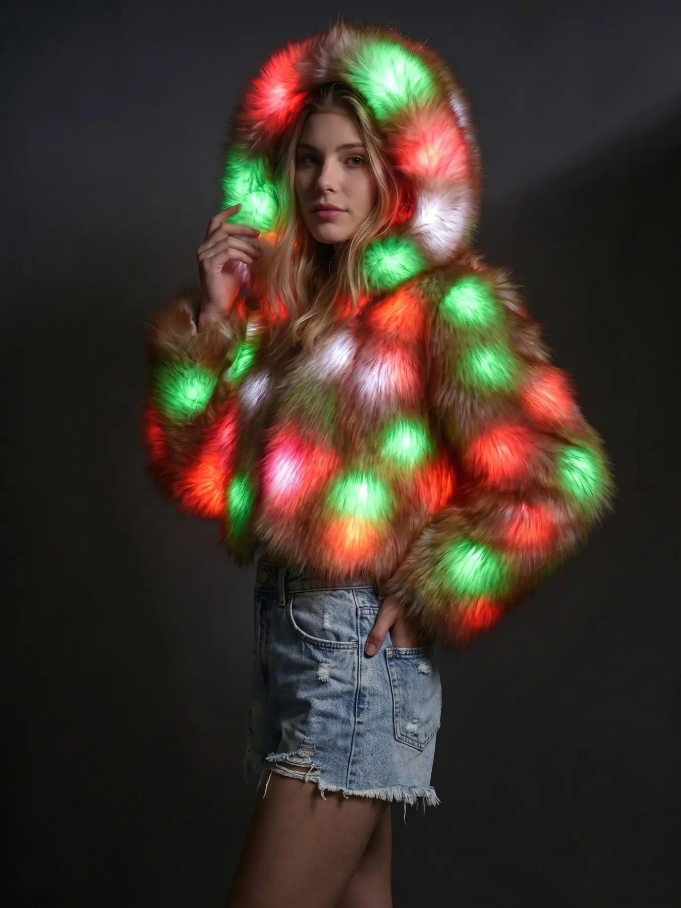 Women's Long‑Sleeve Faux Fur Light‑Up Coat, App‑Controlled LED Lights, Battery Not Included, Fall Winter Fashion Outerwear, Versatile for Daily Wear, Christmas Halloween Cosplay & Stage Performance Costume