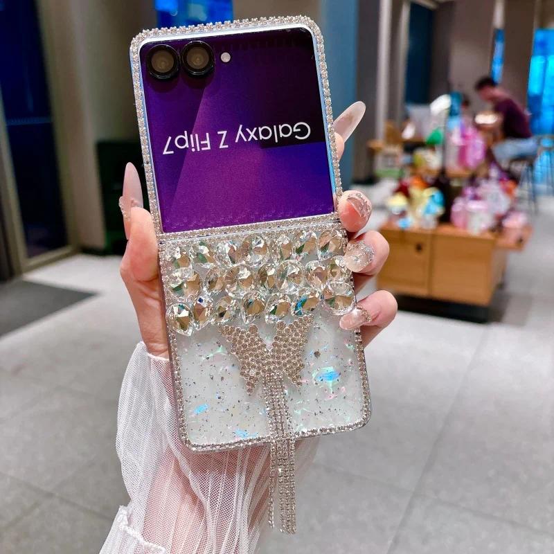 Luxury Rhinestone Butterfly Cute Phone Case For Samsung Galaxy Z Flip 7 6 5 4 Z Flip6 ZFlip7 Cover Korean Hard Cases ZFlip7 Capa