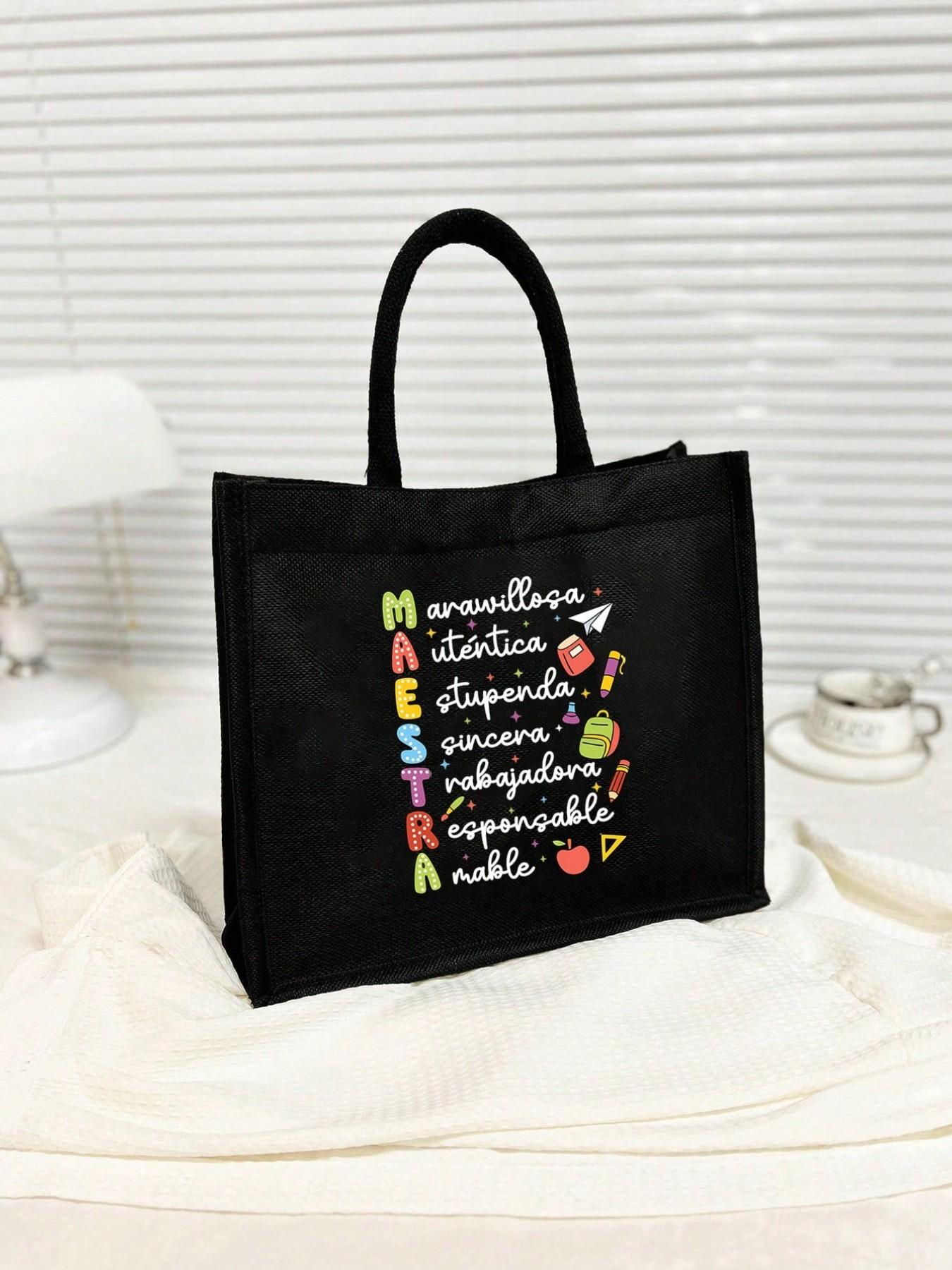 Women Teacher Tote Bag Set, Spanish Teacher Zipper Pouch, Cute Learning Print, Large Capacity Linen Bag, Reusable, Beach, Shopping, Travel, Gift