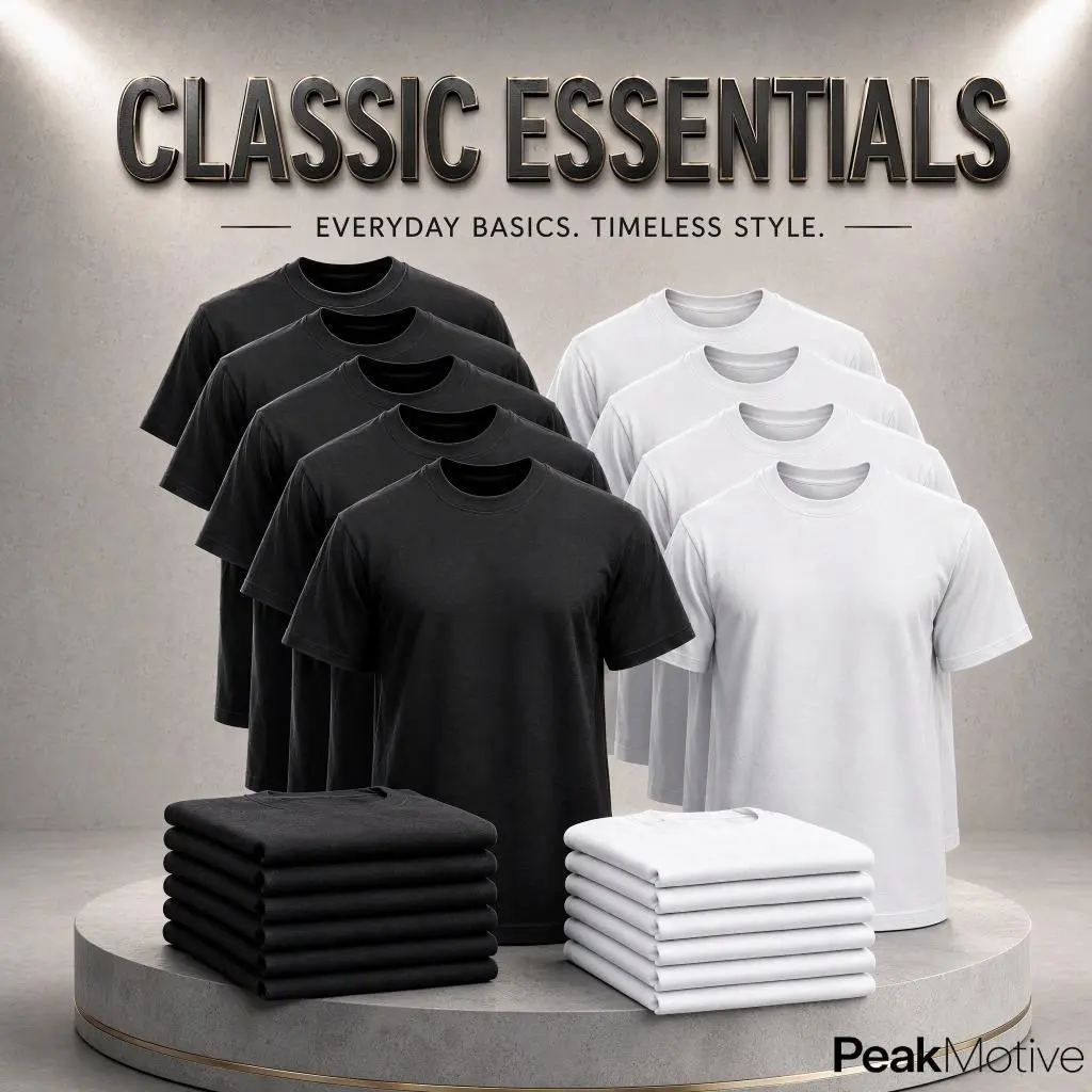 PeakMotive Men's 12-Pack Cotton Blend Round Neck Basic Tops, Plain Black Short Sleeve Undershirts, Comfort Fit Durable Easy-Care Sports & Outdoor Tees