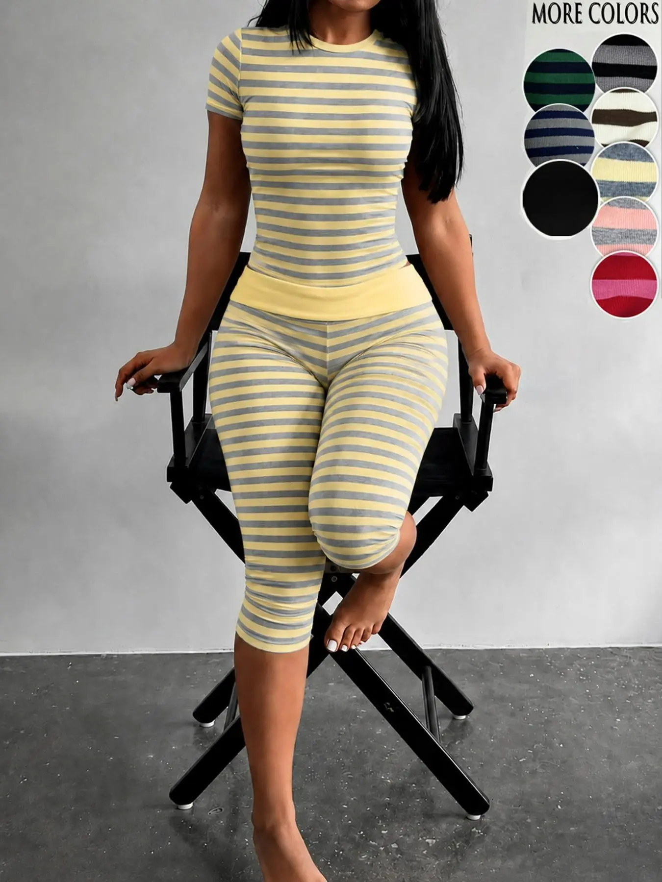 Yellow Grey Striped Two Piece Loungewear Set Crew Neck Short Sleeve Slim Crop Top High Waist Capri Leggings Stretch Fitted Matching Outfit ideal for home relaxation gym training grocery runs and casual everyday all season comfy outfits