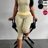 Yellow Grey Striped Two Piece Loungewear Set Stretchy Crew Neck Short Sleeve Slim Crop Top High Waist Capri Leggings Stretch Fitted Matching Outfit ideal for home relaxation gym training grocery runs and casual everyday all season comfy outfits