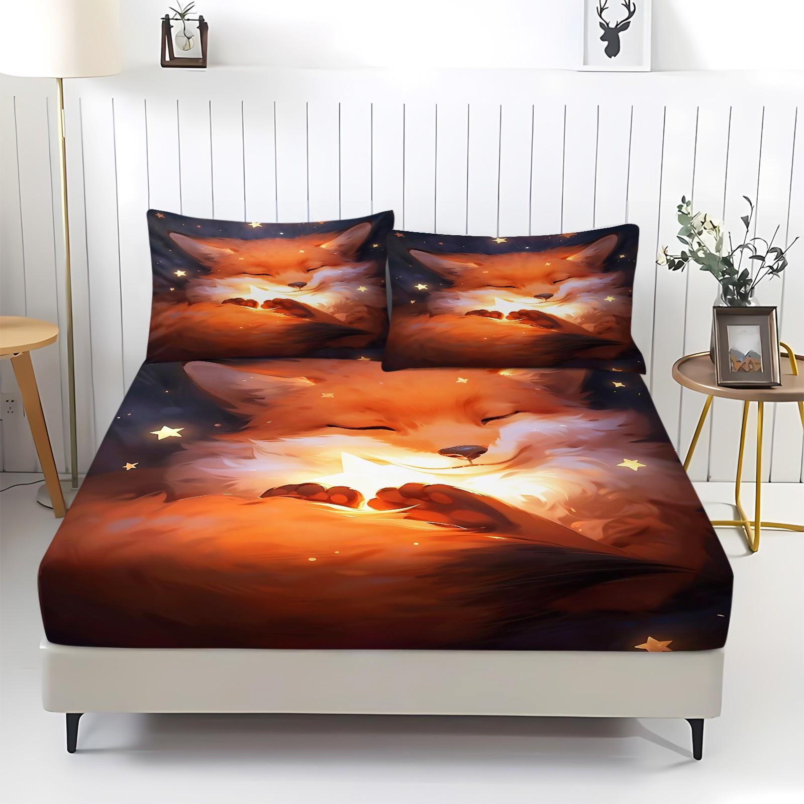 Dreamy and healing little fox-themed fitted sheet set,Includes 1 Fitted Sheet & 2 Pillowcases without Filler,Warm and soft light effect,Gentle and dreamy feel,Warm and anti-pilling,Suitable for all seasons, Comfy Bed Sets