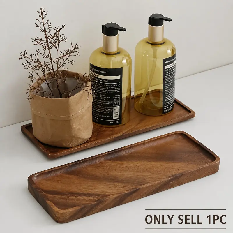1 Pc Natural Walnut Wood Rectangular Tray, 11.8-Inch Large Countertop Organizer, Polished Finish, Skincare & Lotion Bottle Storage, Sink Organizer, Wooden Bathroom Accessory, Bathroom Organizing Accessories