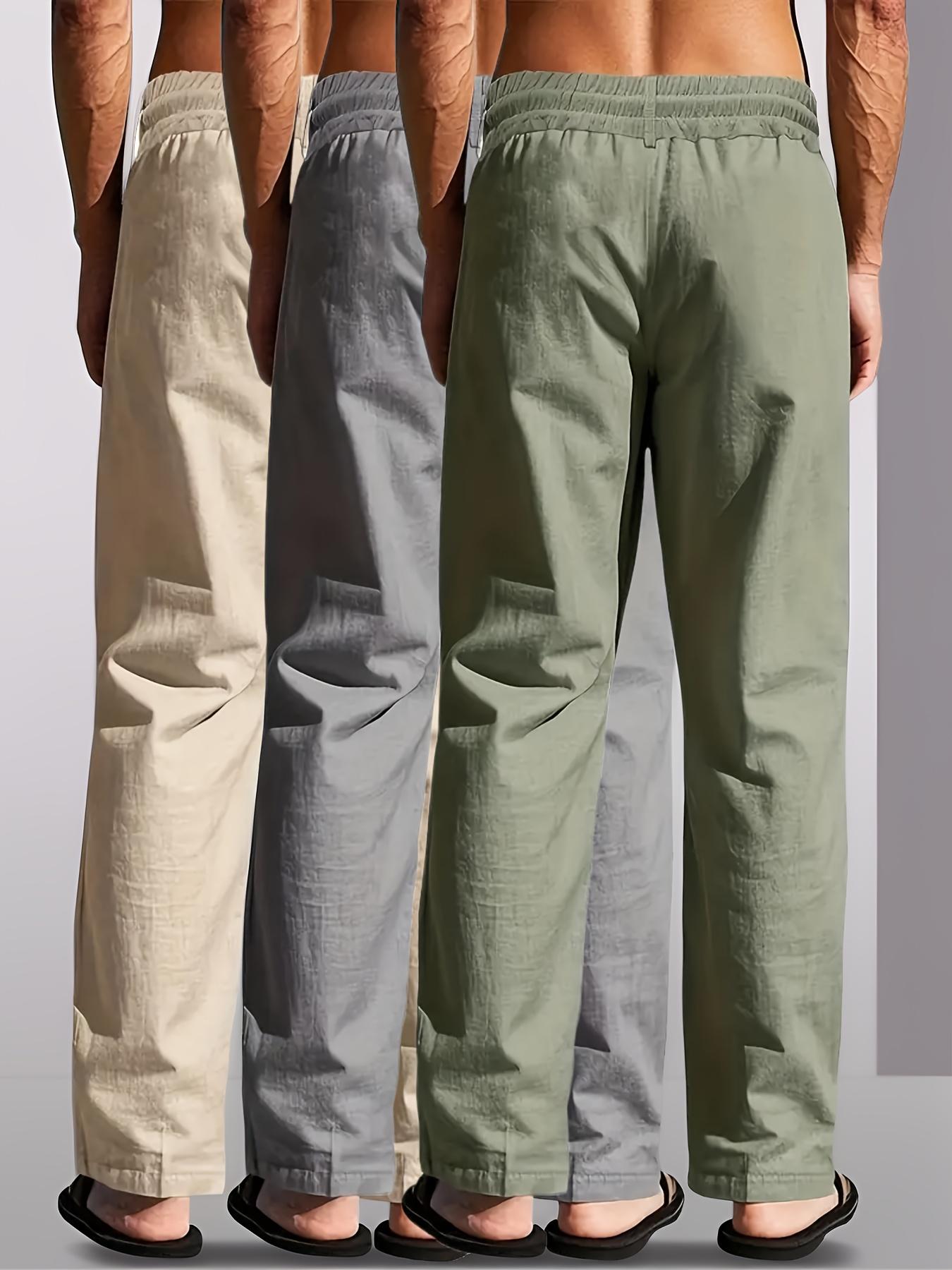 3 pieces of men's summer plain-color simple linen casual straight-leg trousers, Casual Solid Drawstring, beach-friendly lightweight breathable linen trousers, suitable for daily commuting and outdoor activities, vacations, beaches, Casual Fashion Pockets
