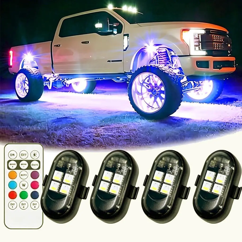 RGBW LED Rock Lights, 4 Pods Multicolor Underglow Neon Lights Kit with APP and 24-Key Remote Control, Waterproof Wheel Well Fender Lights for Car, Trucks, Jeep Wrangler, Offroad, SUV, ATV
