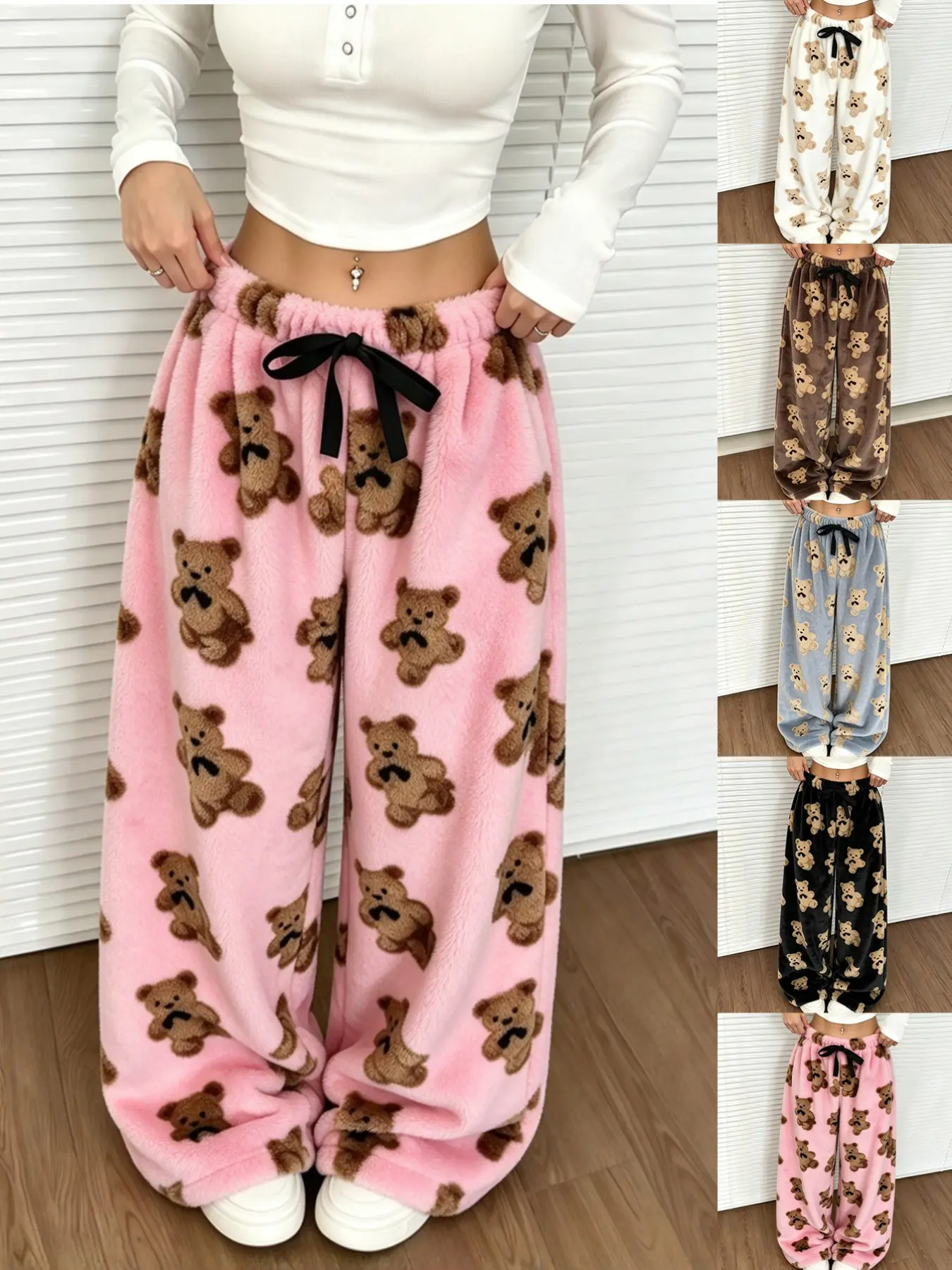 【Black Friday】Bear Print Wide Leg Sleep Pants, Warm Loose Fit Home Lounge Pants Loungewear, Women's Fall Winter Comfortable Pajama, Multiple Colors Available, 1 Piece