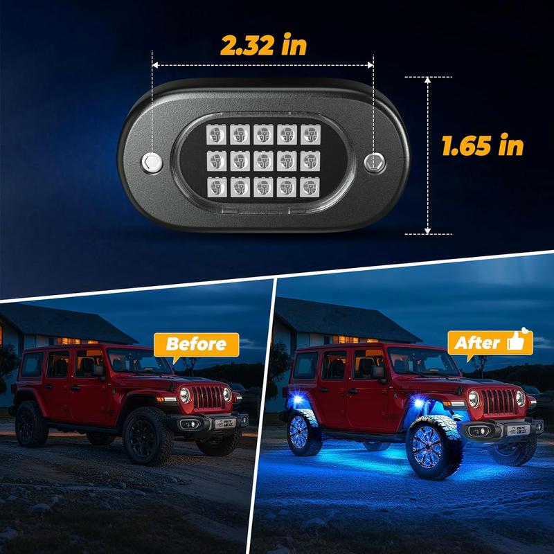 High-Quality RGB Car Rock Lights Underglow Pods (4/6/8/10/12/14) with Bluetooth-Compatible App Control, Multi-Color Neon Music Mode, IP68 Waterproof, Fit for Truck, ATV, UTV, RZR and SUV, Men's Car Lighting Gift