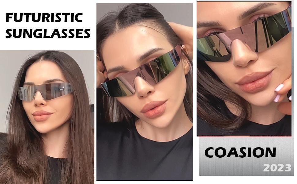 COASION Wrap Around Sunglasses for Women Trendy Rimless Futuristic Shades Y2k Shield Flat Top Fashion Eyeglasses