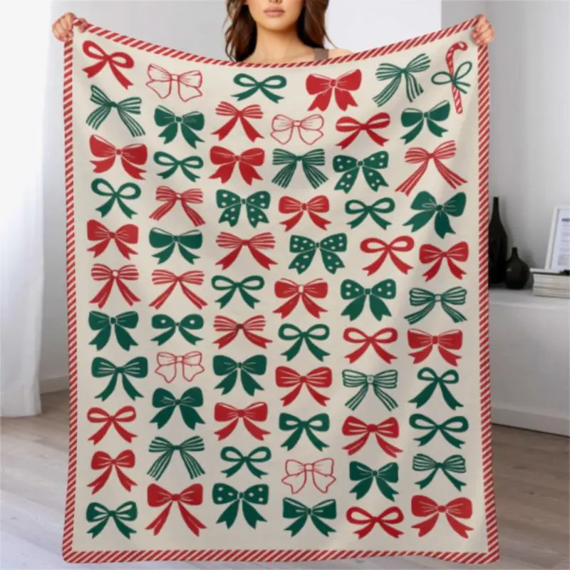 Coquette Christmas Bow Blanket - 60x50in Soft Velvet Flannel Fleece Throw Non-Fade Print Holiday Bed Blankets Couch Decor Dorm Essentials