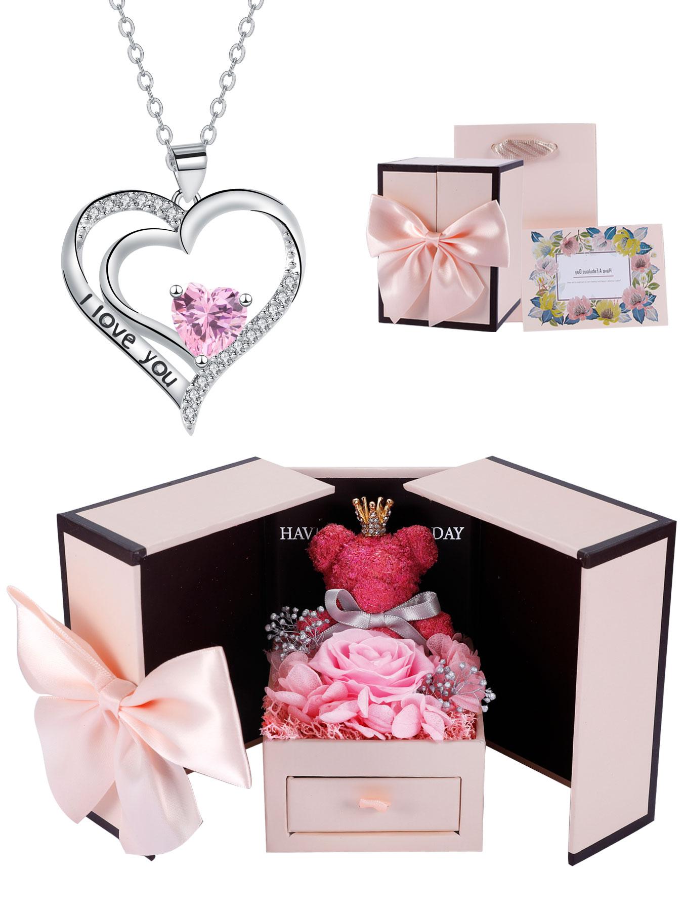 Heart Shaped Cz Birthstone Necklace, I Love You Pendant, Mos Bear Rose Jewelry Gift Box, Girlfriend Birthday Anniversary Present, Exquisite Jewelry Gift