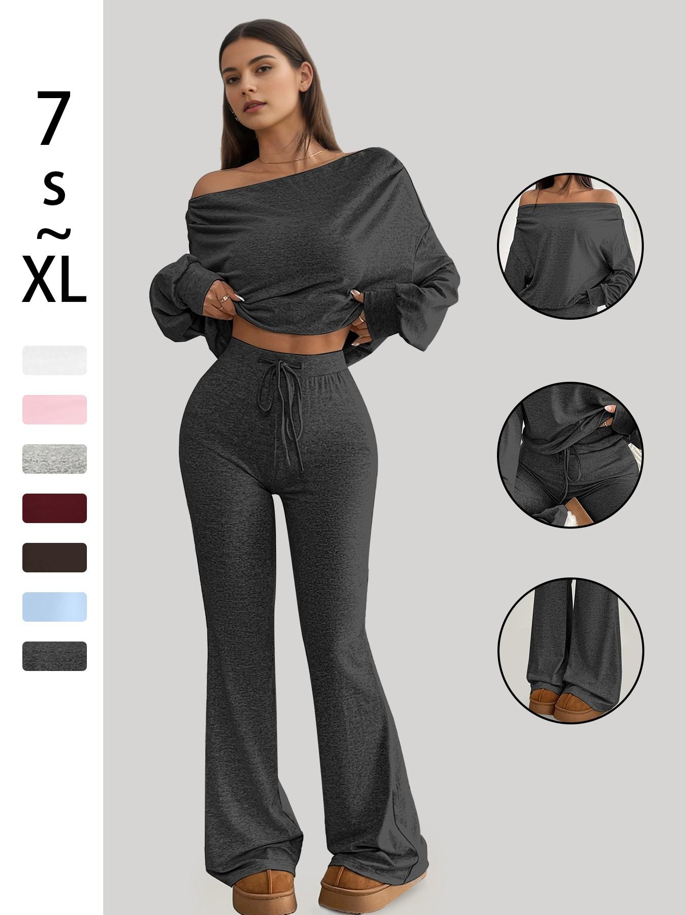 One Shoulder Long Sleeve Loose Crop Top and High Waisted Drawstring Skinny Vintage Bell Bottoms, Yoga Fitness Workout Gym Clothing, Fall & Winter