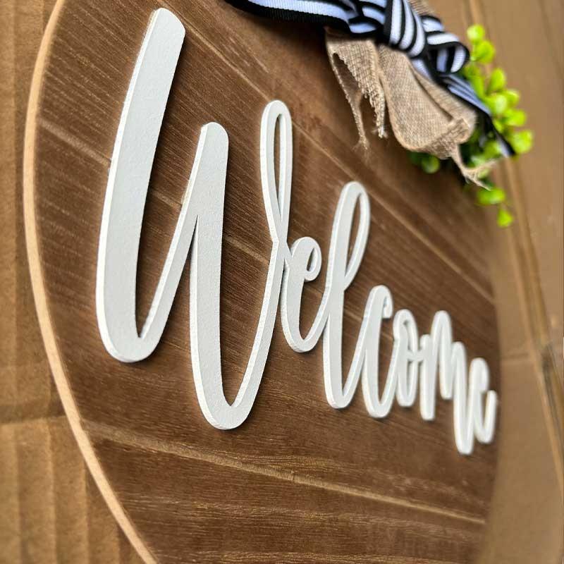 12-Inch 3D Front Door Welcome Sign, Farmhouse Style Porch Decor, Nail Rustic Wreath, Round Wooden Hanging Ornament, Moving Gift
