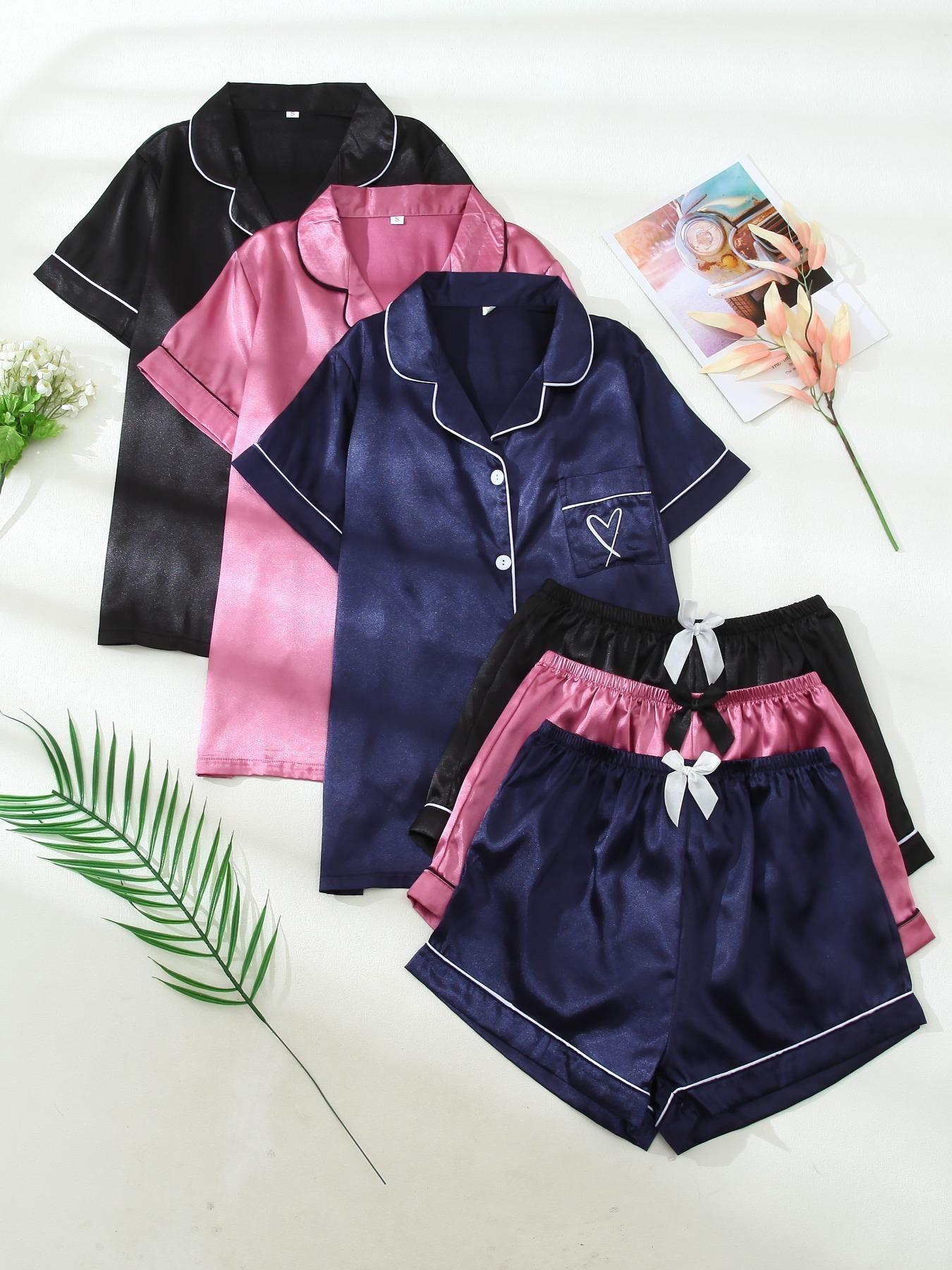 Six-Piece Set Women's Christmas Theme Contrast Binding Short Sleeve Satin Loungewear Set for Christmas Gifts, Summer Outfits 2024, Basic Button Front Shirt & Bow Decor PJ Shorts, Lounge Co-ord Set, Womenswear