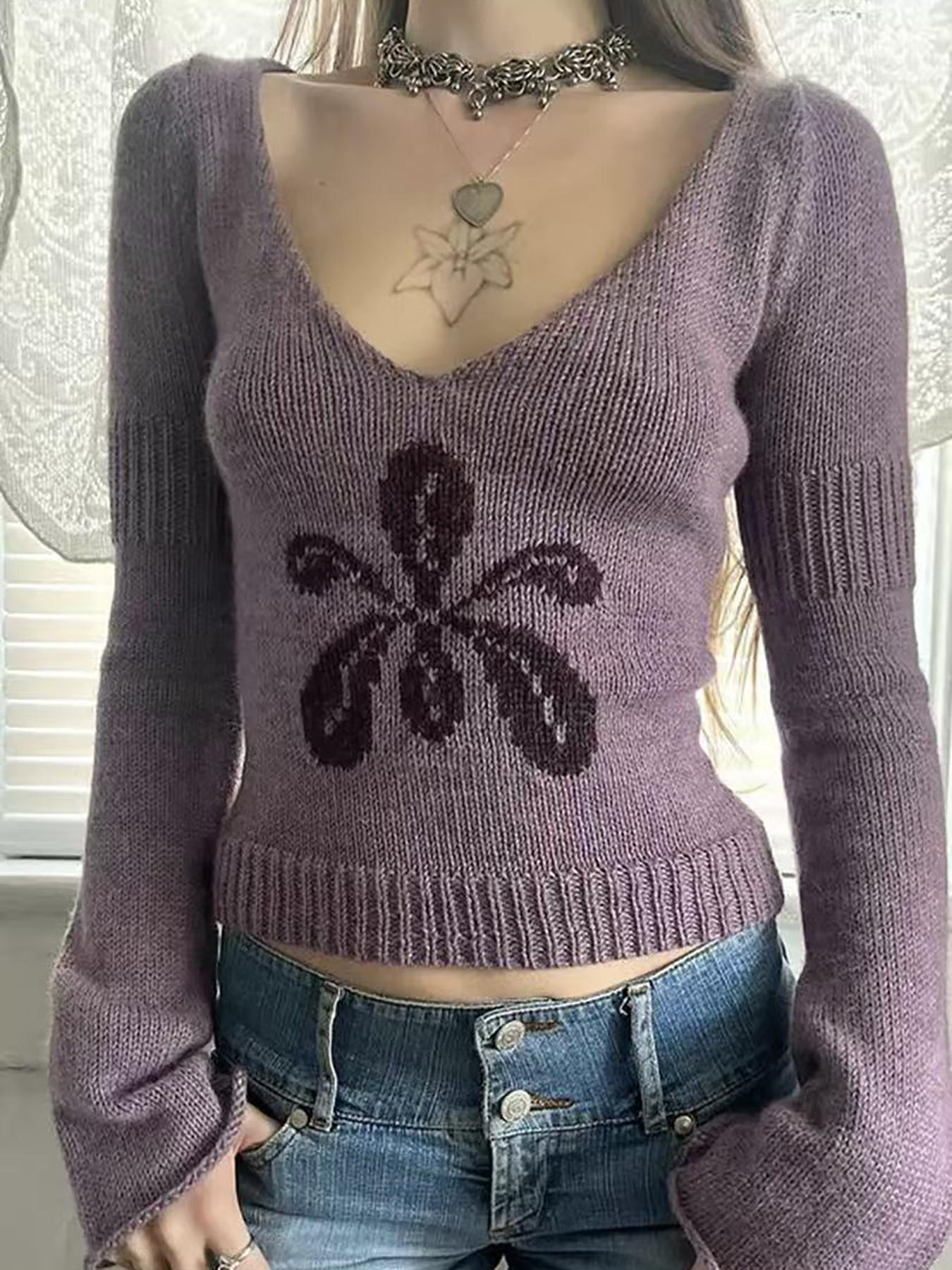 Elegant V Neck Floral Long Sleeve Knitwear Sweater for Women, Slim Fit Casual Top with Chic Unique Design, Perfect for Spring & Fall Fashion