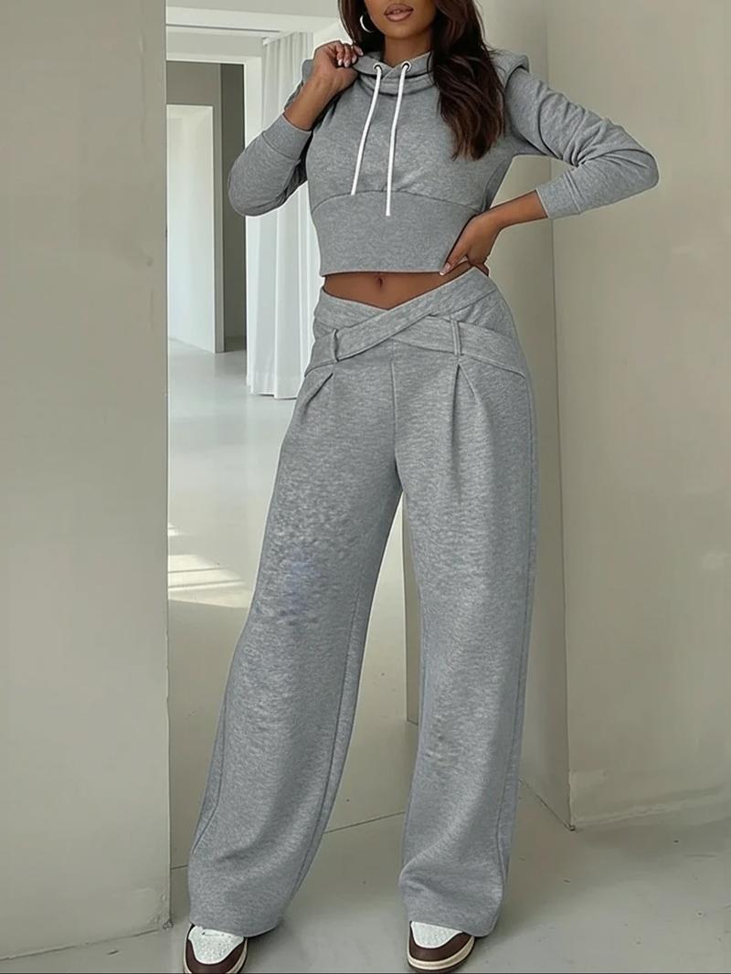 Women's Casual Hooded Sweatshirt Set, Long Sleeve Plain Pullover, Fitted Pants, Fall & Winter Streetwear, 2 Piece