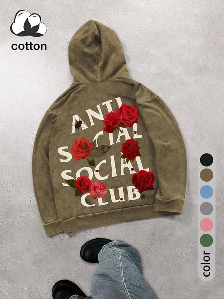 Street life men's graphic print long-sleeved hooded sweatshirt, cotton washed and distressed with pockets loose sports hoodie