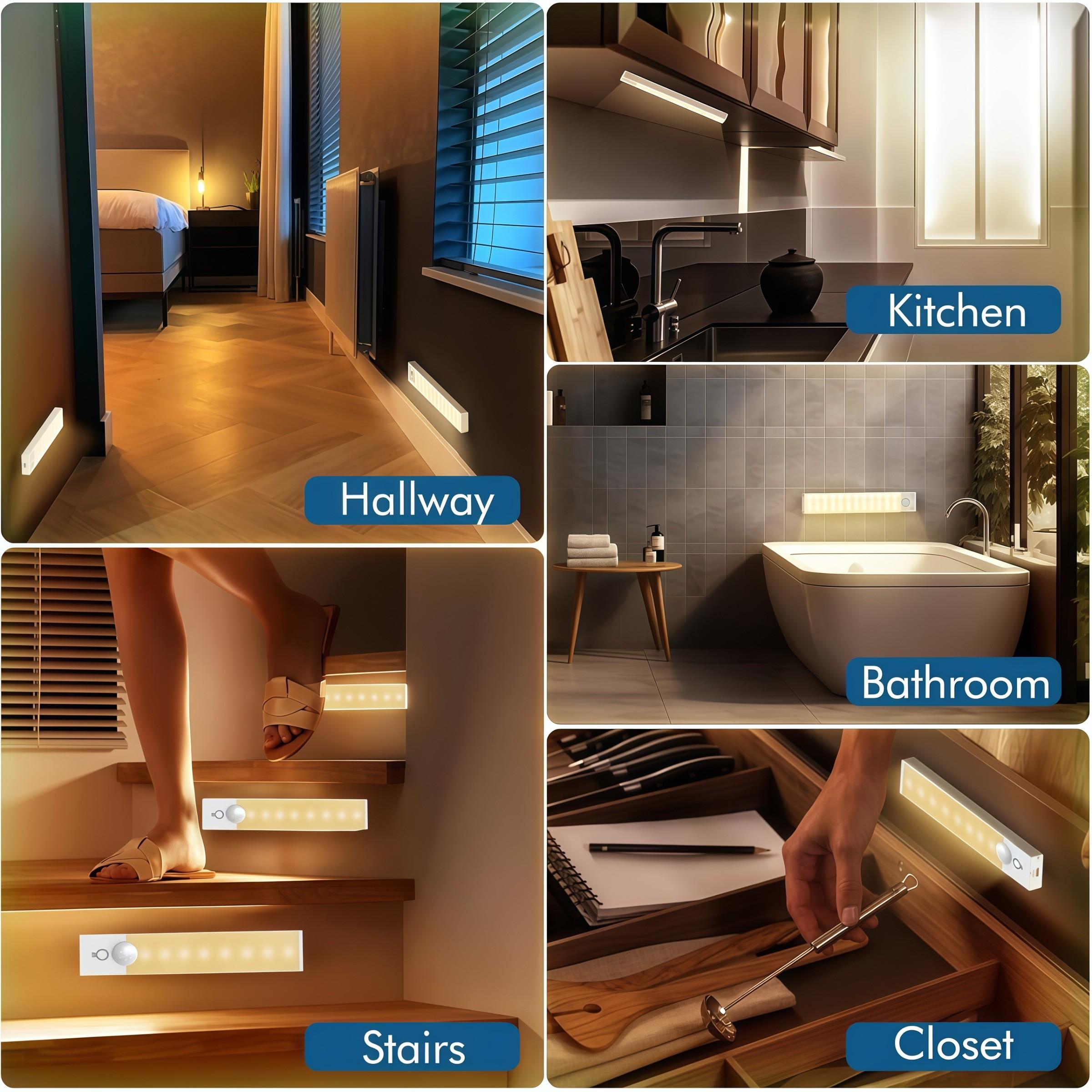 3-Pack LED Motion Sensor Lights – Dimmable Adjustable Lights Under Cabinet Lighting, Dimmable Wall Lamp, USB Rechargeable with 3 Color Modes (3000K/4500K/6000K), Night Light for Bedroom, Stairs, Kitchen, Piano & Dance Studio, Bedside Reading Lamp