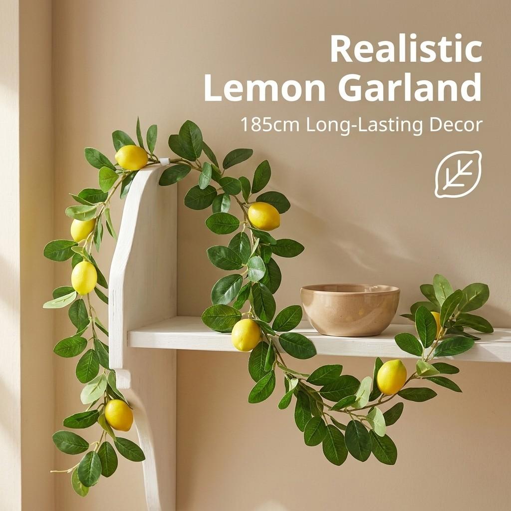 6FT Artificial Lemon Garland, Faux Lemon Vine Greenery Garland with Realistic Leaves & 3 Lemons,  Suitable for Kitchen, Wedding, Farmhouse Mantel, Party Background Decor, Maintenance-Free