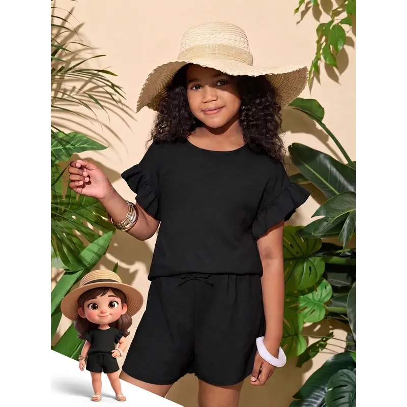 New Arrival Loose Two Piece Set for Big Girls, Lightweight Spring Summer Outfit, Purple Ruffled Crew Neck T-Shirt & Bow Decor Comfy Shorts Casual Suit